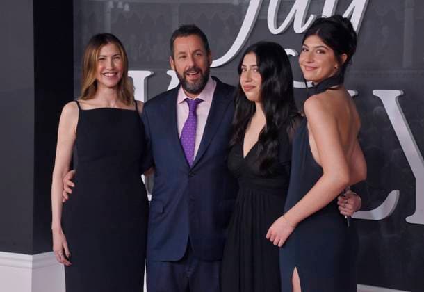 Cast member Adam Sandler (2nd-L) and his wife Jackie Sandler, and their daughters Sadie Sandler and Sunny Sandler (L-R) attend the premiere of Netflix s dramatic comedy Jay Kelly at the Egyptian Theatre in the Hollywood section of Los Angeles on Tuesday, November 11, 2025. Storyline: Famous movie actor Jay Kelly embarks on a journey of self-discovery, confronting his past and present with his devoted manager Ron. Poignant and humor-filled, pitched at the intersection of regrets and glories.  LAP2025111110 JIMxRUYMEN