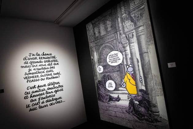 Exhibition of Philippe Geluck - Paris AJ This photo is an illustration showing the corridors, paintings, drawings, Statue statues and artworks of the exhibition during the opening of the exhibition (vernissage) of Philippe Geluck, author of the comic book (Bande dessinee, BD, Livre) strip Le Chat at the Maillol Museum in Paris, France on November 12, 2025. Photo by Alexis Jumeau ABACAPRESS.COM Paris France  Copyright: xJumeauxAlexis ABACAx