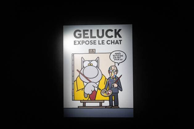 Exhibition of Philippe Geluck - Paris AJ This photo is an illustration that serves as the poster for the exhibition during the opening of the exhibition (vernissage) of Philippe Geluck, author of the comic book (Bande dessinee, BD, Livre) strip Le Chat at the Maillol Museum in Paris, France on November 12, 2025. Photo by Alexis Jumeau ABACAPRESS.COM Paris France  Copyright: xJumeauxAlexis ABACAx