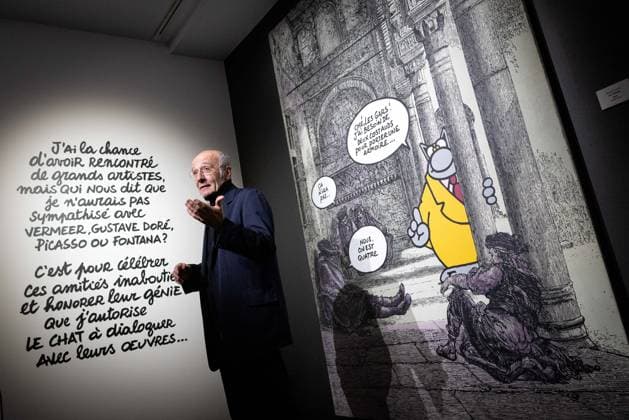 Exhibition of Philippe Geluck - Paris AJ Portrait of Philippe Geluck during the opening of the exhibition (vernissage) of Philippe Geluck, author of the comic book (Bande dessinee, BD, Livre) strip Le Chat at the Maillol Museum in Paris, France on November 12, 2025. Photo by Alexis Jumeau ABACAPRESS.COM Paris France  Copyright: xJumeauxAlexis ABACAx