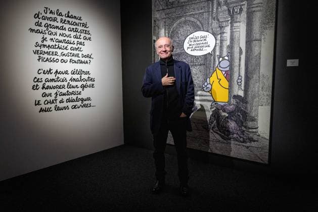 Exhibition of Philippe Geluck - Paris AJ Portrait of Philippe Geluck during the opening of the exhibition (vernissage) of Philippe Geluck, author of the comic book (Bande dessinee, BD, Livre) strip Le Chat at the Maillol Museum in Paris, France on November 12, 2025. Photo by Alexis Jumeau ABACAPRESS.COM Paris France  Copyright: xJumeauxAlexis ABACAx