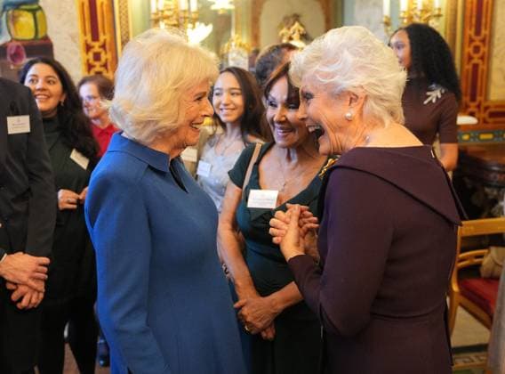 English National Ballet reception Queen Camilla, Patron of the English National Ballet, speaks with Arlene Phillips and Angela Rippon during a reception with staff, dancers, and supporters to celebrate the company s 75th anniversary and recognise the heritage, innovative creation of new works, and their learning and engagement programme, at Buckingham Palace in central London. Picture date: Wednesday November 12, 2025., Credit:Yui Mok Avalon UK, London Copyright: xYuixMokx xAvalonx 1052047686