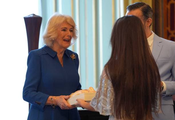 English National Ballet reception Queen Camilla, Patron of the English National Ballet, is given a pair of ballet pumps as a gift during a reception with staff, dancers, and supporters to celebrate the company s 75th anniversary and recognise the heritage, innovative creation of new works, and their learning and engagement programme, at Buckingham Palace in central London. Picture date: Wednesday November 12, 2025., Credit:Yui Mok Avalon UK, London Copyright: xYuixMokx xAvalonx 1052047792
