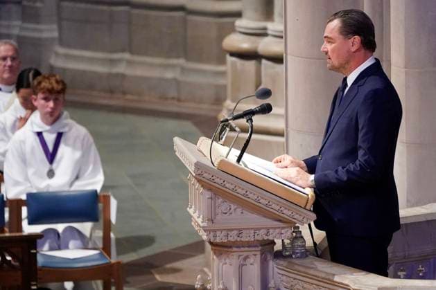 Actor and activist Leonardo DiCaprio delivers a tribute to Dr. Jane Goodall, DBE during a celebration and thanksgiving for life event at the Washington National Cathedral on Wednesday, November 12, 2025 in Washington, DC.  WAP20251112907 LeighxVogel