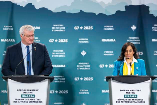 November 12, 2025, Niagara-On-The-Lake, On, Canada: Foreign Affairs Minister Anita Anand delivers remarks with the Minister of Foreign Affairs of Ukraine Andrii Sybiha during the G7 Foreign Ministers Meeting in Niagara-on-the-Lake on Wednesday, Nov. 12, 2025. Niagara-On-The-Lake Canada  - ZUMAc35_ 20251112_zaf_c35_011 Copyright: xNickxIwanyshynx