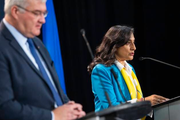 November 12, 2025, Niagara-On-The-Lake, On, Canada: Foreign Affairs Minister Anita Anand delivers remarks with the Minister of Foreign Affairs of Ukraine Andrii Sybiha during the G7 Foreign Ministers Meeting in Niagara-on-the-Lake on Wednesday, Nov. 12, 2025. Niagara-On-The-Lake Canada  - ZUMAc35_ 20251112_zaf_c35_012 Copyright: xNickxIwanyshynx