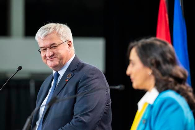 November 12, 2025, Niagara-On-The-Lake, On, Canada: Foreign Affairs Minister Anita Anand delivers remarks with the Minister of Foreign Affairs of Ukraine Andrii Sybiha during the G7 Foreign Ministers Meeting in Niagara-on-the-Lake on Wednesday, Nov. 12, 2025. Niagara-On-The-Lake Canada  - ZUMAc35_ 20251112_zaf_c35_013 Copyright: xNickxIwanyshynx