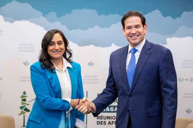 November 12, 2025, Niagara-On-The-Lake, On, Canada: Foreign Affairs Minister Anita Anand, left, and U.S. Secretary of State Marco Rubio take part in a bilateral meeting during the G7 Foreign Ministers Meeting in Niagara-on-the-Lake, Ont., on Wednesday, Nov. 12, 2025. Niagara-On-The-Lake Canada  - ZUMAc35_ 20251112_zaf_c35_040 Copyright: xNickxIwanyshynx
