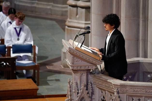 Actor and activist Leonardo DiCaprio delivers a tribute to Dr. Jane Goodall, DBE during a celebration and thanksgiving for life event at the Washington National Cathedral on Wednesday, November 12, 2025 in Washington DC.  WAP20251112904a LeighxVogel