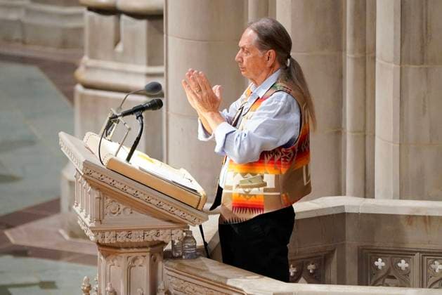 McClellan Mac Hall, Cherokee, Founder of the National Indian Youth Leadership Project, delivers a tribute to Dr. Jane Goodall, DBE during a celebration and thanksgiving for life event at the Washington National Cathedral on Wednesday, November 12, 2025 in Washington DC.  WAP20251112924 LeighxVogel