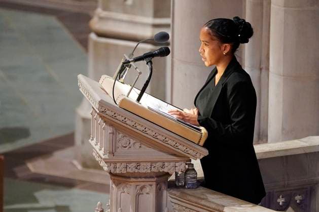 Angel van Lawick, granddaughter of Jane Goodall, delivers a tribute to Dr. Jane Goodall, DBE during a celebration and thanksgiving for life event at the Washington National Cathedral on Wednesday, November 12, 2025 in Washington DC.  WAP20251112927 LeighxVogel