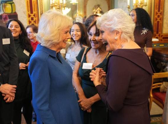. 12 11 2025. London, United Kingdom. Queen Camilla with Arlene Phillips and Angela Rippon at a reception for the English National Ballet to celebrate the company s 75th anniversary at Buckingham Palace in London.  xPoolx xi-Imagesx IIM-26373-0018