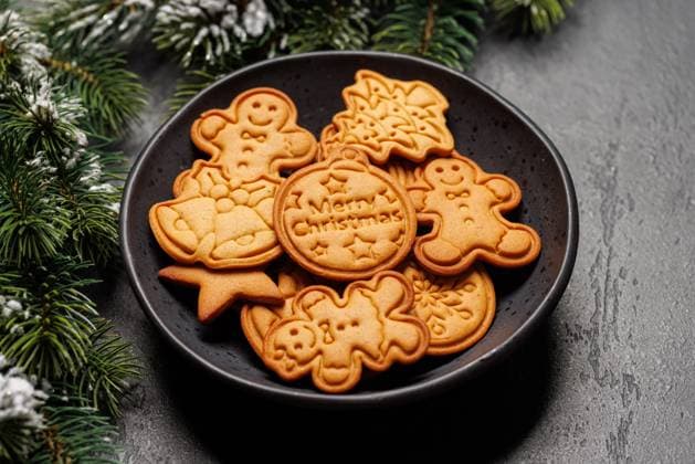 Weihnachts-Ingwerplätzchen mit Tannenzweigen auf dunklem Hintergrund Christmas ginger cookies with fir branches on dark background, cozy festive mood (License=RF) Copyright: xZoonar.com EvgenyxKarandaevx 24226510
