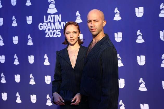 (L-R) Ivanna Zych and Armando Lopez arrive for the 26th annual Latin Grammy Awards at the MGM Garden Arena in Las Vegas, Nevada on Thursday, November 13, 2025.  LAV20251113011 JAMESxATOA