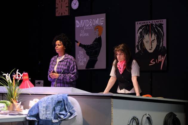 Theresa Henning and Elisabeth Heckel, from left, during the photo rehearsal for On Air On Fire at the Theater an der Parkaue in Berlin, 13 November 2025 A docufictional journey through time by Marion Brasch Directed by Alexander Riemenschneider Stage and costumes by Maria Alice Bahra Premiere is on 16 November 2025 Theater an der Parkaue Berlin On Air On Fire