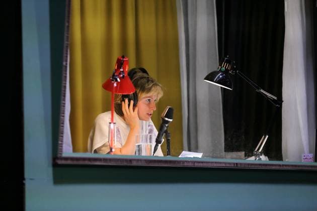 Ilona Raytman during the photo rehearsal for On Air On Fire at Theater an der Parkaue in Berlin, 13 November 2025 A docufictional journey through time by Marion Brasch Directed by Alexander Riemenschneider Stage and costumes by Maria Alice Bahra Premiere is on 16 November 2025 Theater an der Parkaue Berlin On Air On Fire