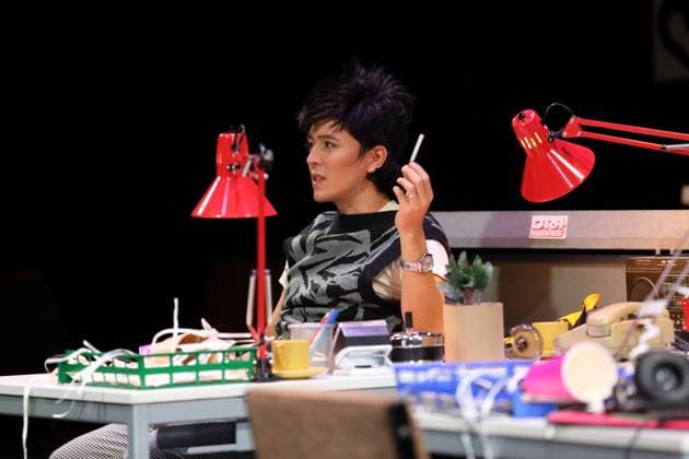 Jan Tsien Beller during the photo rehearsal for On Air On Fire at the Theater an der Parkaue in Berlin, 13 November 2025 A docufictional journey through time by Marion Brasch Directed by Alexander Riemenschneider Stage and costumes by Maria Alice Bahra Premiere is on 16 November 2025 Theater an der Parkaue Berlin On Air On Fire