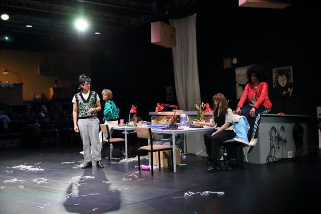 Jan Tsien Beller, Ilona Raytman, Elisabeth Heckel and Theresa Henning, from left, during the photo rehearsal for On Air On Fire at the Theater an der Parkaue in Berlin, 13 November 2025 A docufictional journey through time by Marion Brasch Directed by Alexander Riemenschneider Stage and costumes by Maria Alice Bahra Premiere is on 16 November 2025 Theater an der P