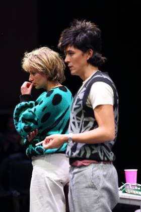 Ilona Raytman and Jan Tsien Beller during the photo rehearsal for On Air On Fire at Theater an der Parkaue in Berlin, 13 November 2025 A docufictional journey through time by Marion Brasch Directed by Alexander Riemenschneider Stage and costumes by Maria Alice Bahra Premiere is on 16 November 2025 Theater an der Parkaue Berlin On Air On Fire