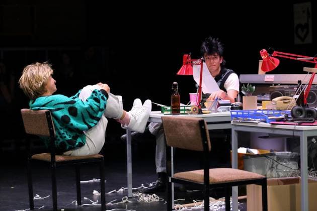 Ilona Raytman and Jan Tsien Beller during the photo rehearsal for On Air On Fire at Theater an der Parkaue in Berlin, 13 November 2025 A docufictional journey through time by Marion Brasch Directed by Alexander Riemenschneider Stage and costumes by Maria Alice Bahra Premiere is on 16 November 2025 Theater an der Parkaue Berlin On Air On Fire