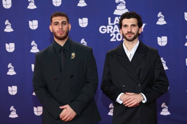 (L-R) Alleh and Yorghaki arrive for the 26th annual Latin Grammy Awards at the MGM Garden Arena in Las Vegas, Nevada on Thursday, November 13, 2025.  LAV20251113145 JAMESxATOA