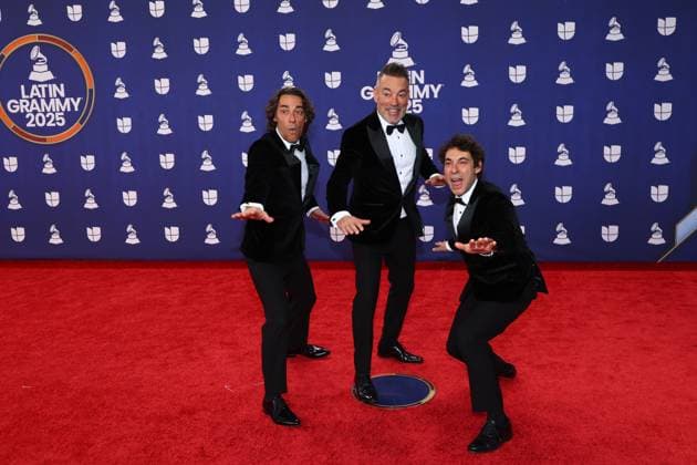 (L-R) Oscar Quijano, Manuel Quijano and Raul Quijano of Cafe Quijano arrive for the 26th annual Latin Grammy Awards at the MGM Garden Arena in Las Vegas, Nevada on Thursday, November 13, 2025.  LAV20251113147 JAMESxATOA