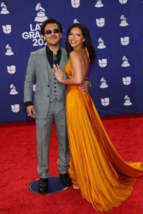 (L-R) Christian Nodal and Angela Aguilar arrive for the 26th annual Latin Grammy Awards at the MGM Garden Arena in Las Vegas, Nevada on Thursday, November 13, 2025.  LAV20251113152 JAMESxATOA