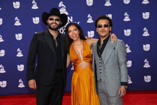 (L-R) Leonardo Aguilar, Angela Aguilar and Christian Nodal arrive for the 26th annual Latin Grammy Awards at the MGM Garden Arena in Las Vegas, Nevada on Thursday, November 13, 2025.  LAV20251113153 JAMESxATOA