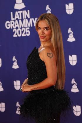 Karol G arrives for the 26th annual Latin Grammy Awards at the MGM Garden Arena in Las Vegas, Nevada on Thursday, November 13, 2025.  LAV20251113156 JAMESxATOA