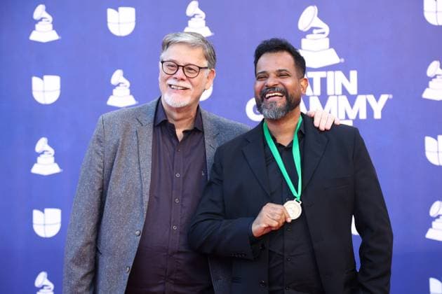 (L-R) Marcelo Sabóia and Leo Alcantara arrives for the 26th annual Latin Grammy Awards at the MGM Garden Arena in Las Vegas, Nevada on Thursday, November 13, 2025.  LAV20251113059 JAMESxATOA