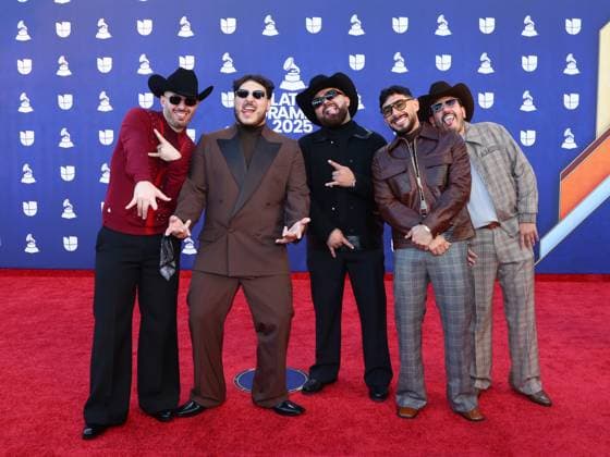 (L-R) Juan Javier Cantú, Adelaido Solis III, Julian Pena Jr., Alberto Acosta and Carlos Guerrero of Grupo Frontera arrive for the 26th annual Latin Grammy Awards at the MGM Garden Arena in Las Vegas, Nevada on Thursday, November 13, 2025.  LAV20251113076 JAMESxATOA