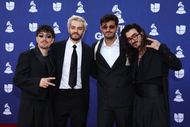 (L-R) Martín Vargas Morales, Juan Pablo Villamil, Juan Pablo Isaza and Simón Vargas Morales of Morat arrive for the 26th annual Latin Grammy Awards at the MGM Garden Arena in Las Vegas, Nevada on Thursday, November 13, 2025.  LAV20251113124 JAMESxATOA