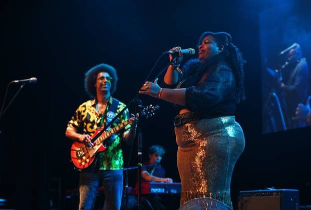 Selwyn Birchwood (left) of Selwyn Birchwood Band and Carly Harvey (right), a special guest of the night, perform during the Blues Alive festival 2025 in Sumperk, Czech Republic, on November 14, 2025. (CTKxPhoto LudekxPerina) CTKPhotoP2025111500090  CTKPhotoP2025111500090