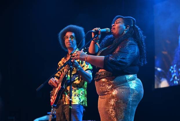 Selwyn Birchwood (left) of Selwyn Birchwood Band and Carly Harvey (right), a special guest of the night, perform during the Blues Alive festival 2025 in Sumperk, Czech Republic, on November 14, 2025. (CTKxPhoto LudekxPerina) CTKPhotoP2025111500096  CTKPhotoP2025111500096