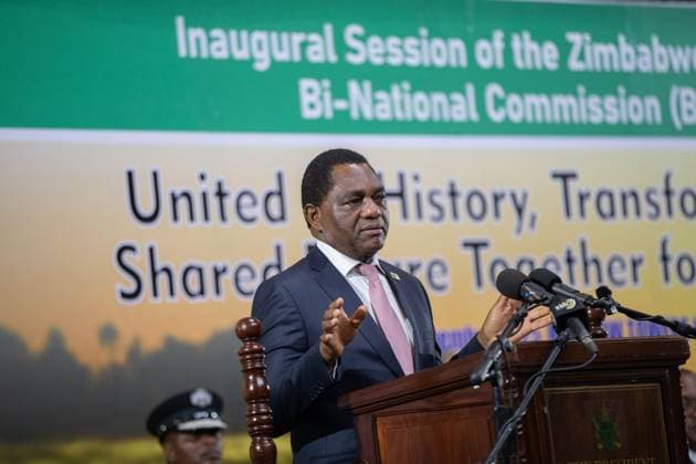 Zambia president visits Zimbabwe Zambian President Hakainde Hichilema speaks at the inaugural Zimbabwe-Zambia Bi-National Commission (BNC) at the Harare Convention Centre, Zimbabwe on November 14,2025. President Hichilema and President Emmerson Mnangagwa co-chairerd the BNC, which seeks to deepen and broaden cooperation across various sectors of the economy. Harare Zimbabwe  Copyright: xMatrixxImagesx