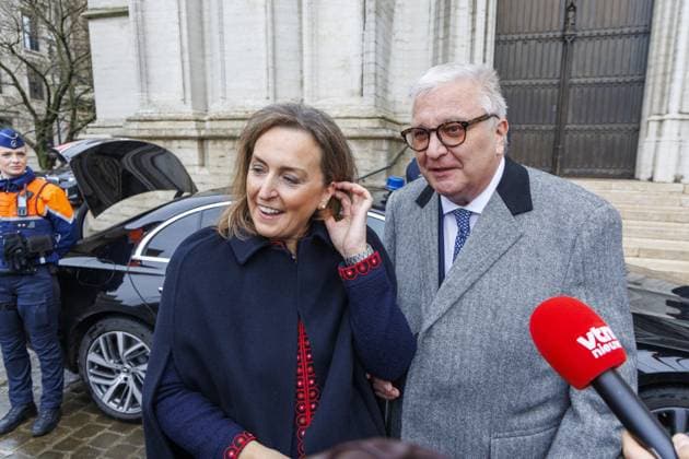 Princess Claire of Belgium and Prince Laurent of Belgium pictured after the Te Deum mass, on the occasion of the King s Feast, at the Saint Michael and St Gudula Cathedral (Cathedrale Saints Michel et Gudule Sint-Michiels- en Sint-Goedelekathedraal) in Brussels on Saturday 15 November 2025.  NICOLASxMAETERLINCK 141731816