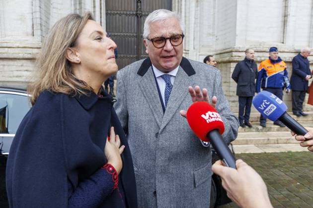 Princess Claire of Belgium and Prince Laurent of Belgium pictured after the Te Deum mass, on the occasion of the King s Feast, at the Saint Michael and St Gudula Cathedral (Cathedrale Saints Michel et Gudule Sint-Michiels- en Sint-Goedelekathedraal) in Brussels on Saturday 15 November 2025.  NICOLASxMAETERLINCK 141731869