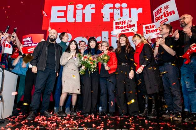 2. Tagung Landesparteitag Die Linke Berlin Elif Eralp, Spitzenkandidatin der Partei Die Linke, feiert auf der Bühne während der zweiten Tagung des 10. Landesparteitags der Partei Die Linke Berlin am 15. November 2025. *** 2 Conference of the Left Party Berlin Elif Eralp, top candidate of the Left Party, celebrates on stage during the second conference of the 10th state party conference of the Left Party Berlin on November 15, 2025 Copyright: xEVENTPRESSxJeremyxKnowlesx