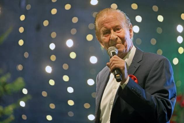 German music legends Born on July 29, 1943, Lothar Bernhard Walter, who achieved great success as a pop singer and film actor under his stage name Michael Holm, sings on a stage in Essen Steele at the local Christmas market in the run-up to Christmas Essen North Rhine-Westphalia Germany Steele