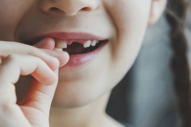 Das Mädchen zeigt ihren Mund ohne einen Milchzahn, der herausgefallen ist, Nahaufnahme, das Gesicht des Mädchens ist nicht sichtbar, sie hält einen weiteren Zahn mit ihren Finger The girl shows her mouth without one milk tooth that has fallen out, close-up, the girl s face is not visible, she holds another tooth with her fingers Copyright: imageBROKER EvgeniiaxGordeeva ibxiqx15555803.jpg ,model released, Symbolfoto ,property released