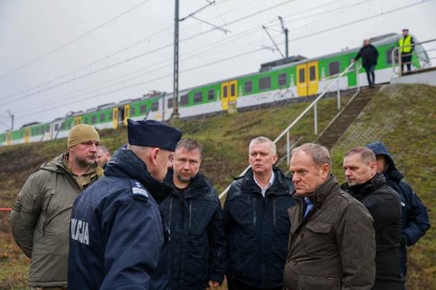 Polish premier says damage to key intercity rail line was act of sabotage WARSAW, POLAND - NOVEMBER 17: (----EDITORIAL USE ONLY - MANDATORY CREDIT - THE CHANCELLERY OF THE PRIME MINISTER OF POLAND (KPRM) X ACCOUNT HANDOUT - NO MARKETING NO ADVERTISING CAMPAIGNS - DISTRIBUTED AS A SERVICE TO CLIENTS----) Poland Prime Minister Donald Tusk and Polish Interior Minister Marcin Kierwinski inspect the damaged railway tracks on the Warsaw-Lublin route in Poland on November 17, 2025. Damage caused overnight on the intercity Warsaw-Lublin rail line near the village of Mika was an act of sabotage, Polish Prime Minister Donald Tusk posted on US social media company X on Monday. KPRM XAccount Anadolu Warsaw Poland. Editorial use only. Please get in  Copyright: x2025xAnadoluxKPRM XAccountx
