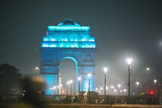 NEW DELHI, INDIA - NOVEMBER 17: A view of the iconic India Gate illuminated in Teal Blue to mark the World Cervical Cancer Elimination Day raising awareness about prevention and early detection on November 17, 2025 in New Delhi, India. (Photo by Raj K Raj Hindustan Times) India Gate Illuminated In Teal Blue To Mark The World Cervical Cancer Elimination Day