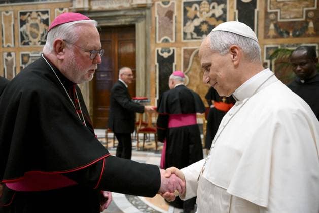 Pope Leo XIV Meets With Vatican Diplomatic Staff - Vatican Pope Leo XIV greets Vatican’s Secretary for Relations with State Paul Gallagher during a meeting with Vatican diplomatic staff serving at the Vatican s worldwide network of apostolic nunciatures or embassies on November 17, 2025 in the Clementine Hall at the Vatican. Photo by (EV) Vatican Media ABACAPRESS.COM Rome  Copyright: xABACAx