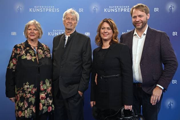 Gerhard POLT Cabaret artist with his family left wife Tini, right son Mrtin with wife Bavarian Art Award 2025 on 18 11 2025 at Bergson Kunstkraftwerk in Munich