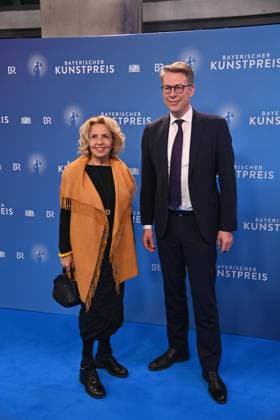 Markus BLUME CSU,Bavarian State Minister for Science and the Arts with Michaela MAY Bavarian Art Award 2025 ceremony on 18 11 2025 at Bergson Kunstkraftwerk in Munich