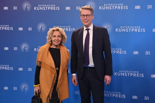 Markus BLUME CSU,Bavarian State Minister for Science and the Arts with Michaela MAY Bavarian Art Award 2025 ceremony on 18 11 2025 at Bergson Kunstkraftwerk in Munich