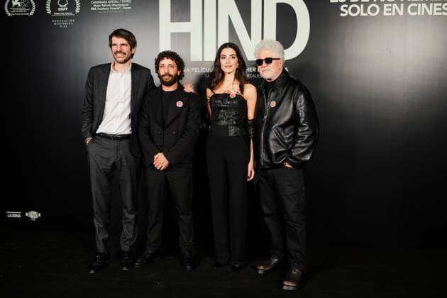 Premiere of La voz de Hind I D The Minister of Culture, Ernest Urtasun, actors Saja Kilani and Motaz Malhees and director Pedro Almodóvar pose during the red carpet of the film La voz de Hind, at the Palacio de la Prensa, on November 18, 2025, in Madrid Spain The film narrates the anguished wait of a six-year-old Palestinian girl, trapped in a car under fire in Gaza, while the Red Crescent tries to rescue her, trapped in a car under fire in Gaza, while the Red Crescent tries to rescue her The film focuses on the drama of the calls for help and the helplessness of those who try to help her, without showing explicit violence 18 NOVEMBER 2025 PREMIERE FILM PRESENTATION CINEMA GAZA Madrid Madrid Spain  Copyright: xMateoxLanzuelax 7109897