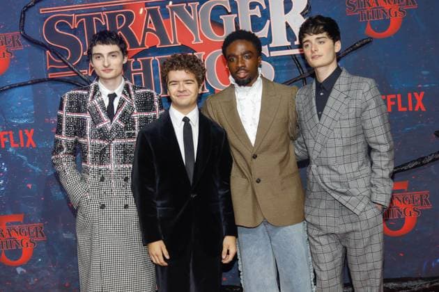 Premiere of Stranger Things season 5 in Berlin Berlin, 18 11 2025 Finn Wolfhard, Gaten Matarazzo, Caleb McLaughlin and Noah Schnapp at the premiere of Stranger Things season 5 in Berlin Berlin Copyright: xMatthiasxGränzdörferx