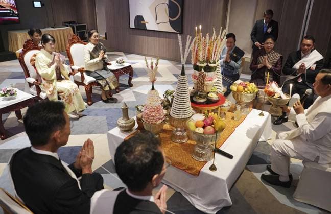 Japan Princess Aiko in Laos Japanese Princess Aiko (back, far L) attends a traditional Lao ritual to wish for people s health and good luck in Vientiane on Nov. 18, 2025, during her official trip to Laos. (Pool photo)  A14AA0005044110P