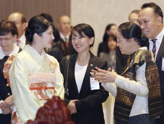 Japan Princess Aiko in Laos Japanese Princess Aiko (front, L) prepares to attend a banquet hosted by Laotian Vice President Pany Yathotou (front, R) in Vientiane on Nov. 18, 2025, during her official trip to Laos. (Pool photo)  A14AA0005044121P